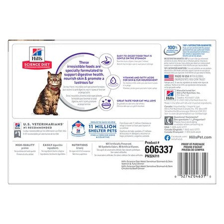 Pack of 12 Science Diet Cat Adult Sensitive Skin & Stomach 85g Pouches