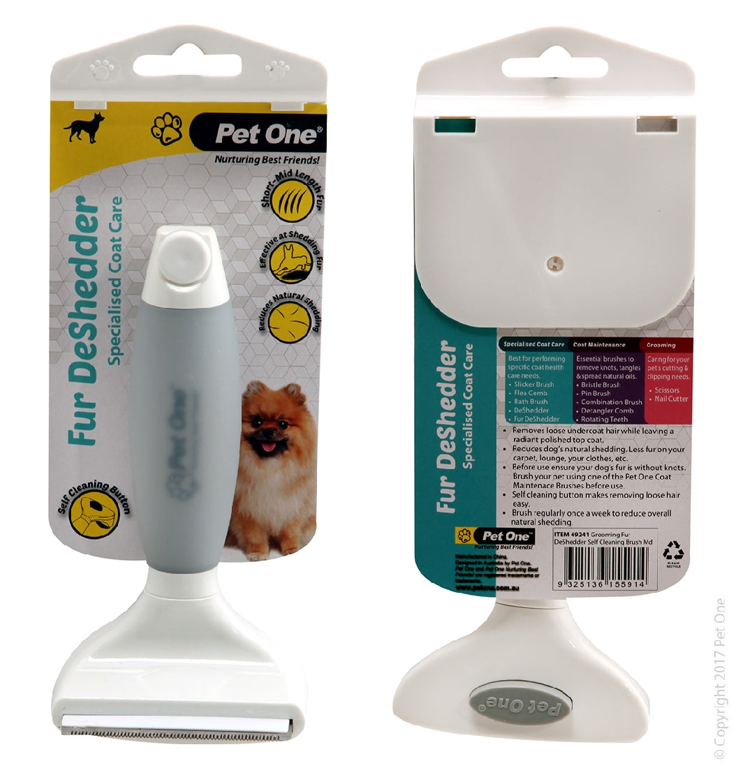 Pet One Grooming Fur DeShedder Self Cleaning Brush Md Premium Handle