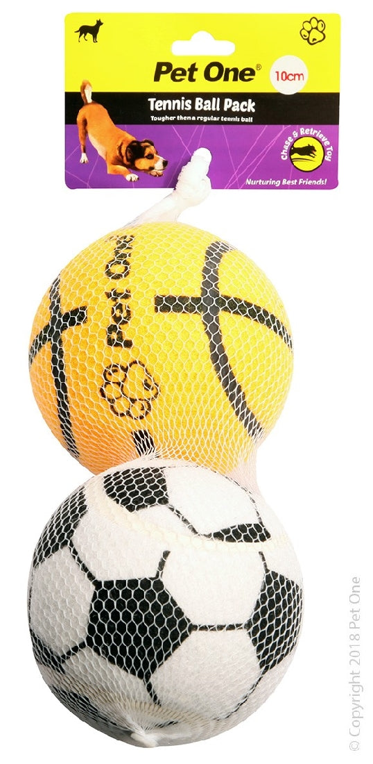 Pet One Dog Toy Tennis Ball 2 pack with Print 10cm Diameter